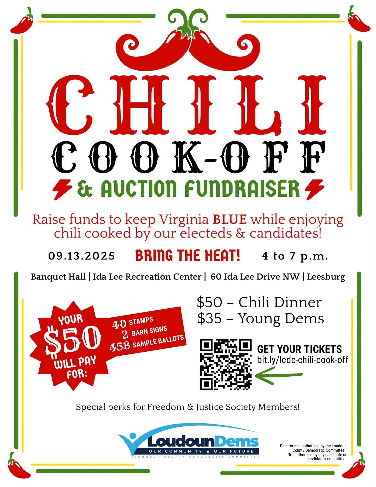 🌶️🔥 𝗪𝗵𝗶𝗰𝗵 𝗗𝗲𝗺𝗼𝗰𝗿𝗮𝘁 𝗺𝗮𝗸𝗲𝘀 𝘁𝗵𝗲 𝗯𝗲𝘀𝘁 𝗰𝗵𝗶𝗹𝗶 𝗶𝗻 𝗟𝗼𝘂𝗱𝗼𝘂𝗻? 𝗬𝗢𝗨 𝗱𝗲𝗰𝗶𝗱𝗲!

Join us for the Loudoun Dems&rsquo; Inaugural Chili Cook-off &amp; Auction Fundraiser on Saturday, September 13 from 4 to 7 p.m. at Ida