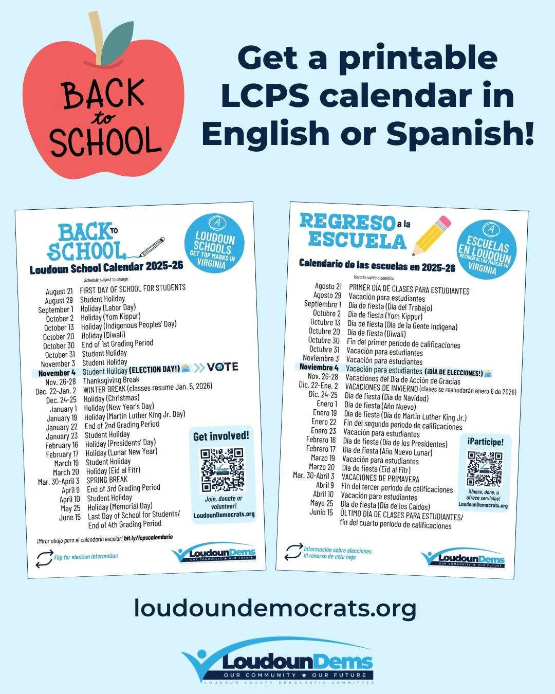 🍎 𝗜𝘁'𝘀 𝗮𝗹𝗺𝗼𝘀𝘁 𝘁𝗶𝗺𝗲 𝘁𝗼 𝗴𝗼 𝗕𝗮𝗰𝗸 𝘁𝗼 𝗦𝗰𝗵𝗼𝗼𝗹! 🍎

Summer break is drawing to a close, and parents and kids are gearing up for a great school year! Volunteers with the Loudoun Democrats are handing out school calendars outside