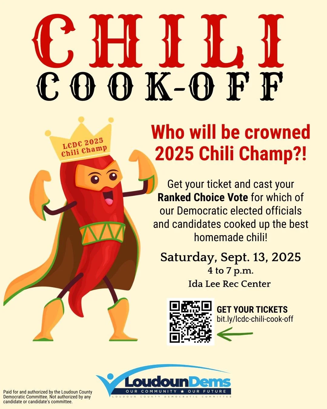 🌶️ 𝗪𝗵𝗼 𝗪𝗶𝗹𝗹 𝗕𝗲 𝗖𝗿𝗼𝘄𝗻𝗲𝗱 𝗟𝗼𝘂𝗱𝗼𝘂𝗻&rsquo;𝘀 𝗖𝗵𝗶𝗹𝗶 𝗖𝗵𝗮𝗺𝗽?

Our Democratic elected officials and candidates are trading business wear for aprons &ndash; and 𝗬𝗢𝗨 get to decide whose chili reigns supreme!

Taste and judge