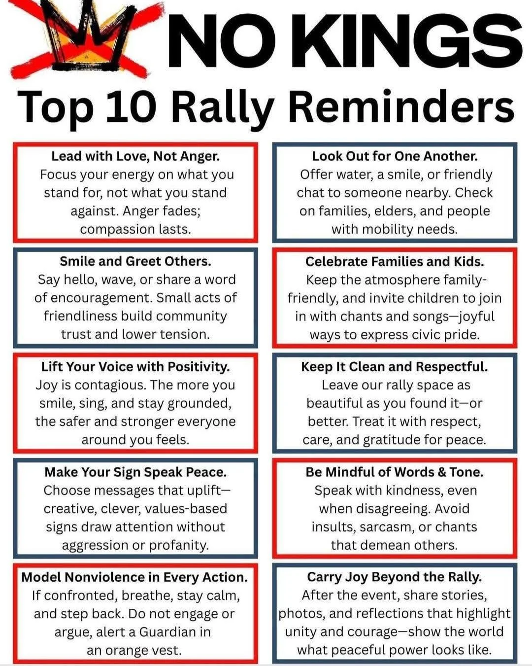 Headed to a No Kings event this Saturday? Here are some tips that were shared with us. House Speaker Mike Johnson thinks these rallies are about hating America....as usual, he couldn't be more wrong. Let's share our vision for a brighter future for a