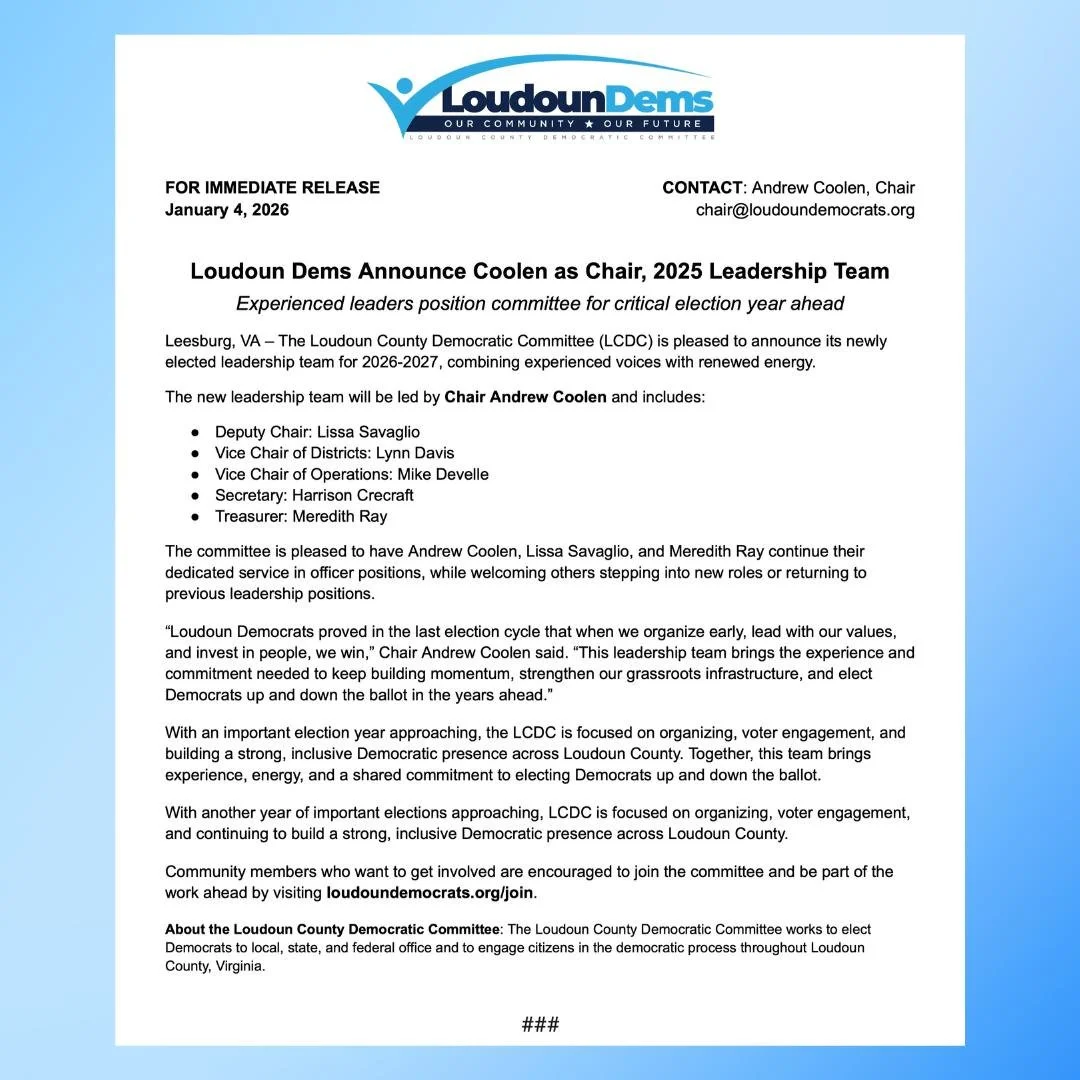 Yesterday's biennial Re-Org was a great success! We elected Andrew Coolen as our 2026-2027 Chair, and a new slate of countywide and district officers. 

&ldquo;Loudoun Democrats proved in the last election cycle that when we organize early, lead with
