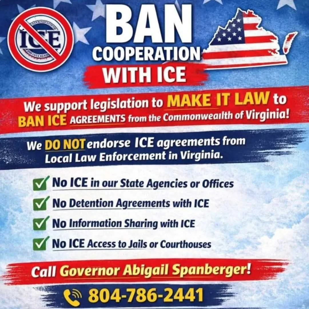 Governor Spanberger&rsquo;s move to rescind 287(g) agreements was a historic first step, but we need these protections turned into law. Tell our electeds to permanently ban state and local cooperation with ICE, ensuring local resources are never used
