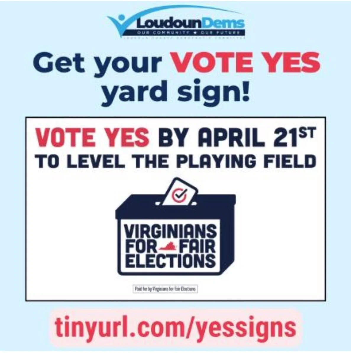 Got your &ldquo;vote yes on redistricting&rdquo; yard sign? Don&rsquo;t wait! Stand up for a level playing field to help us take back Congress! Early voting starts March 6th! See you at the polls!