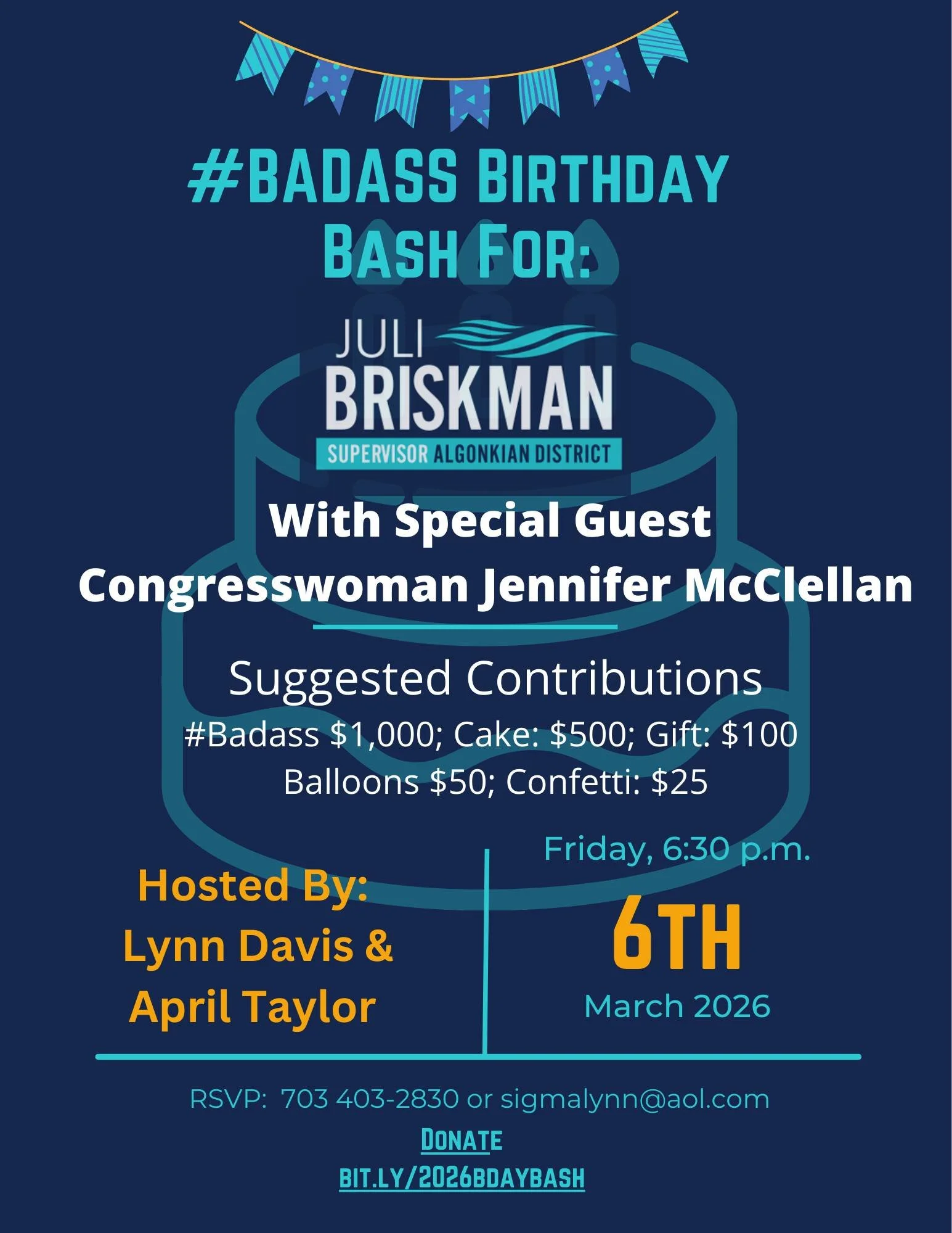 Get ready to celebrate and support! You're invited to a #Badass Birthday Bash honoring Juli Briskman, Supervisor for the Algonkian District.

But this isn't just a birthday party&mdash;it&rsquo;s a chance to connect with the community and hear from o