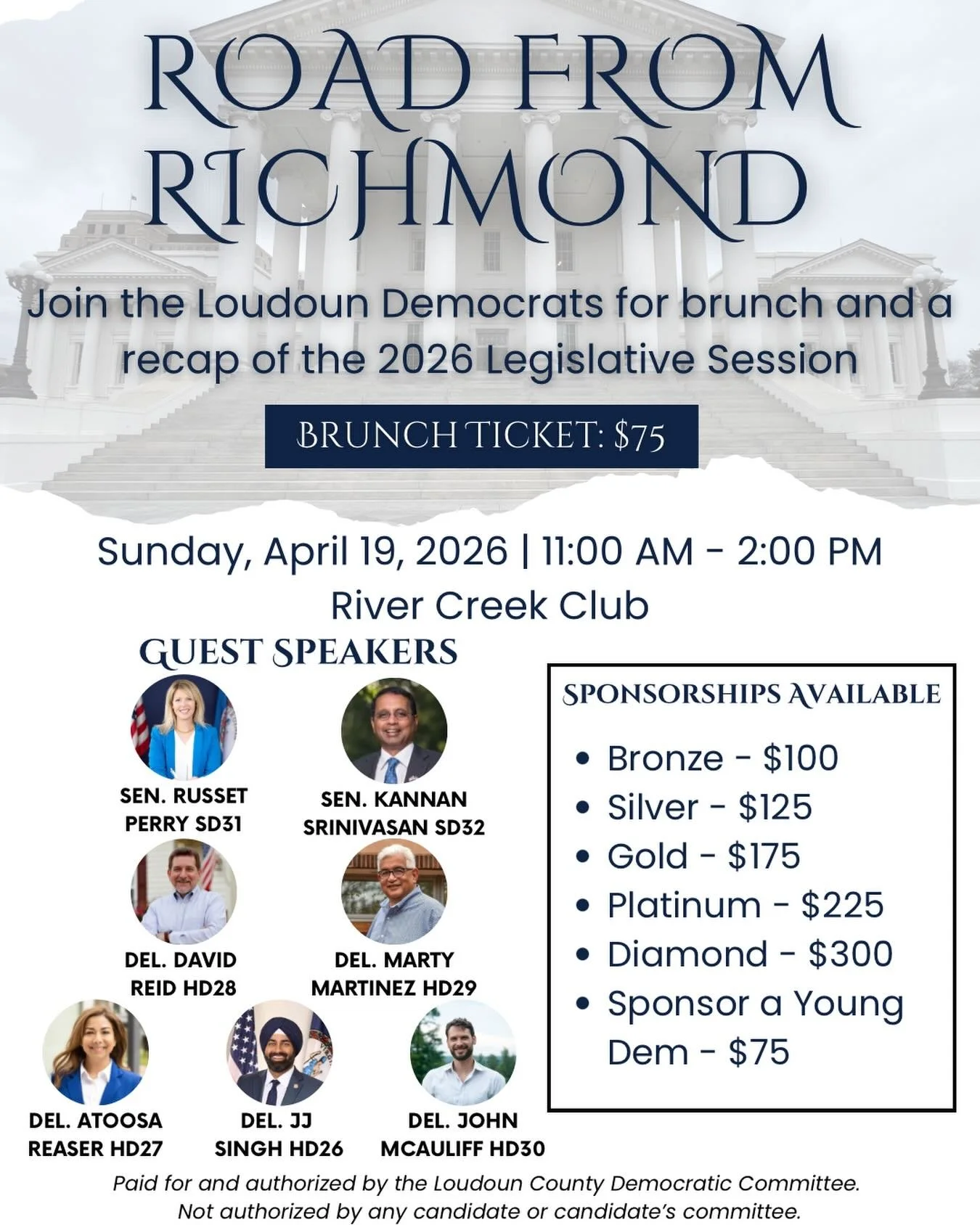 Join the Loudoun County Democrats for our annual Road from Richmond Brunch as members of our Loudoun Delegation share updates from the 2026 General Assembly session.

Hear from Sen. @russetperry, Sen. @kannanforvirginia, @delegatedavidreid, Del. @mar