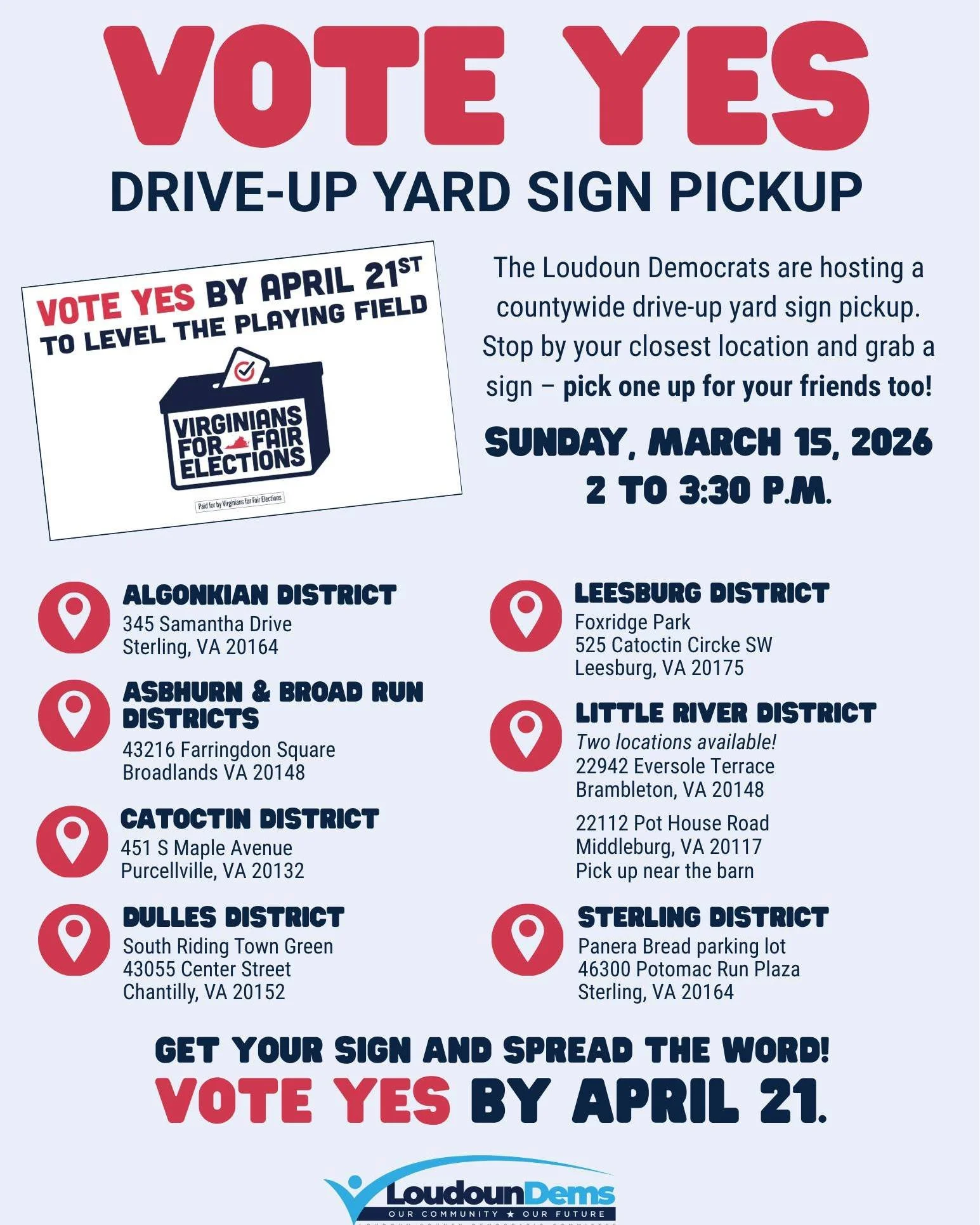 Mark your calendars for this afternoon! It won't get any easier to get a yard sign than these drive through events - located at a location near you!

Want to do more to level the playing field and maintain our representation in Congress? Check out: b