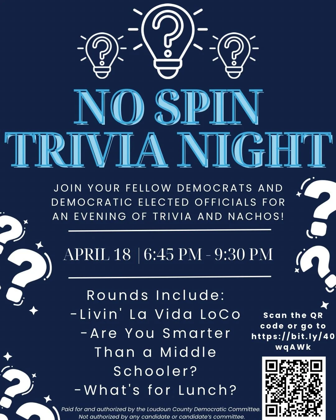 Trivia AND nachos? Sign me up! Join us and have a great time!

RSVP here or by scanning the QR code: https://secure.actblue.com/donate/nospintrivia2026