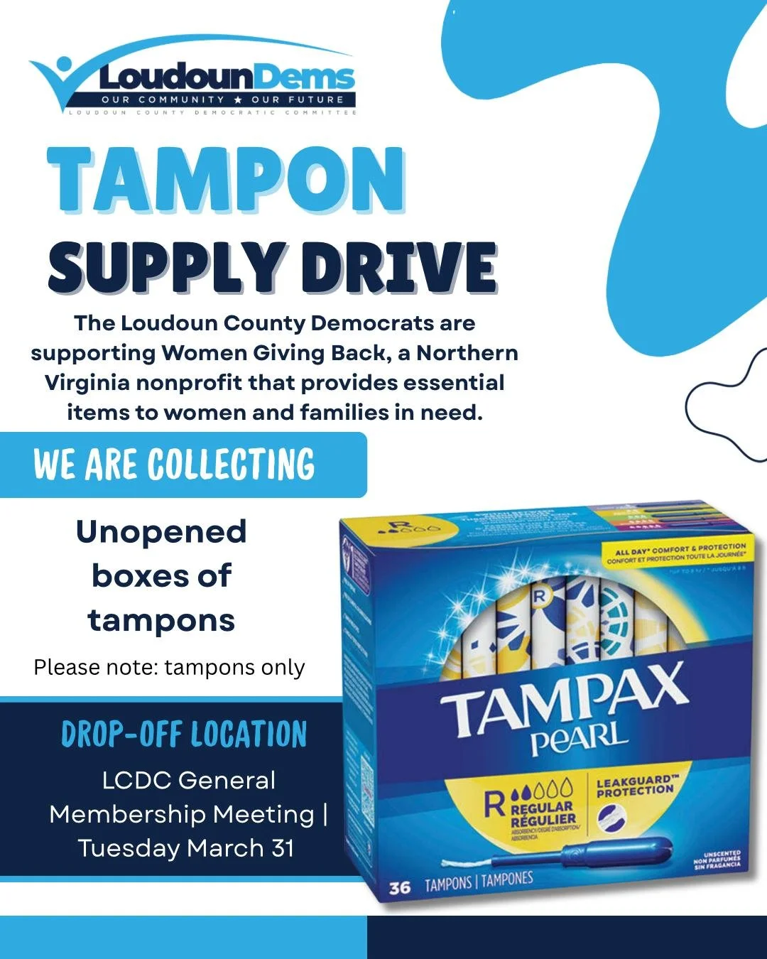 Don't forget: our next General Membership meeting is NEXT TUESDAY at Cascades library, 7pm. There is a hybrid option available as well.

This month we are proud to host a tampon drive for Women Giving Back at this Tuesday's meeting. It&rsquo;s a sobe