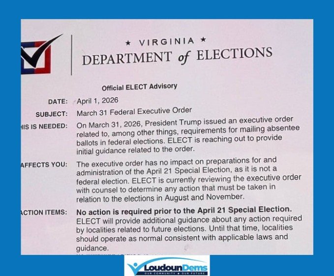 The Virginia Department of Elections issued an Official ELECT Advisory today regarding the March 31 Federal Executive Order, related to, among other things, requirements for mailing absentee ballots in federal elections.

The Advisory confirms that &