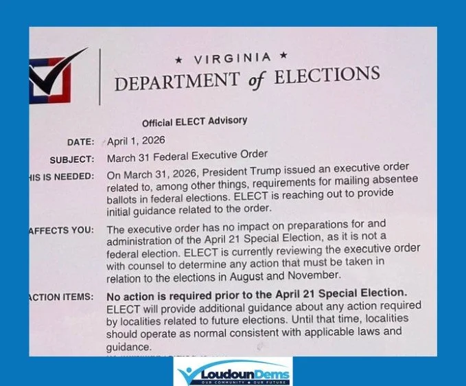 The Virginia Department of Elections issued an Official ELECT Advisory today regarding the March 31 Federal Executive Order, related to, among other things, requirements for mailing absentee ballots in federal elections.

The Advisory confirms that &