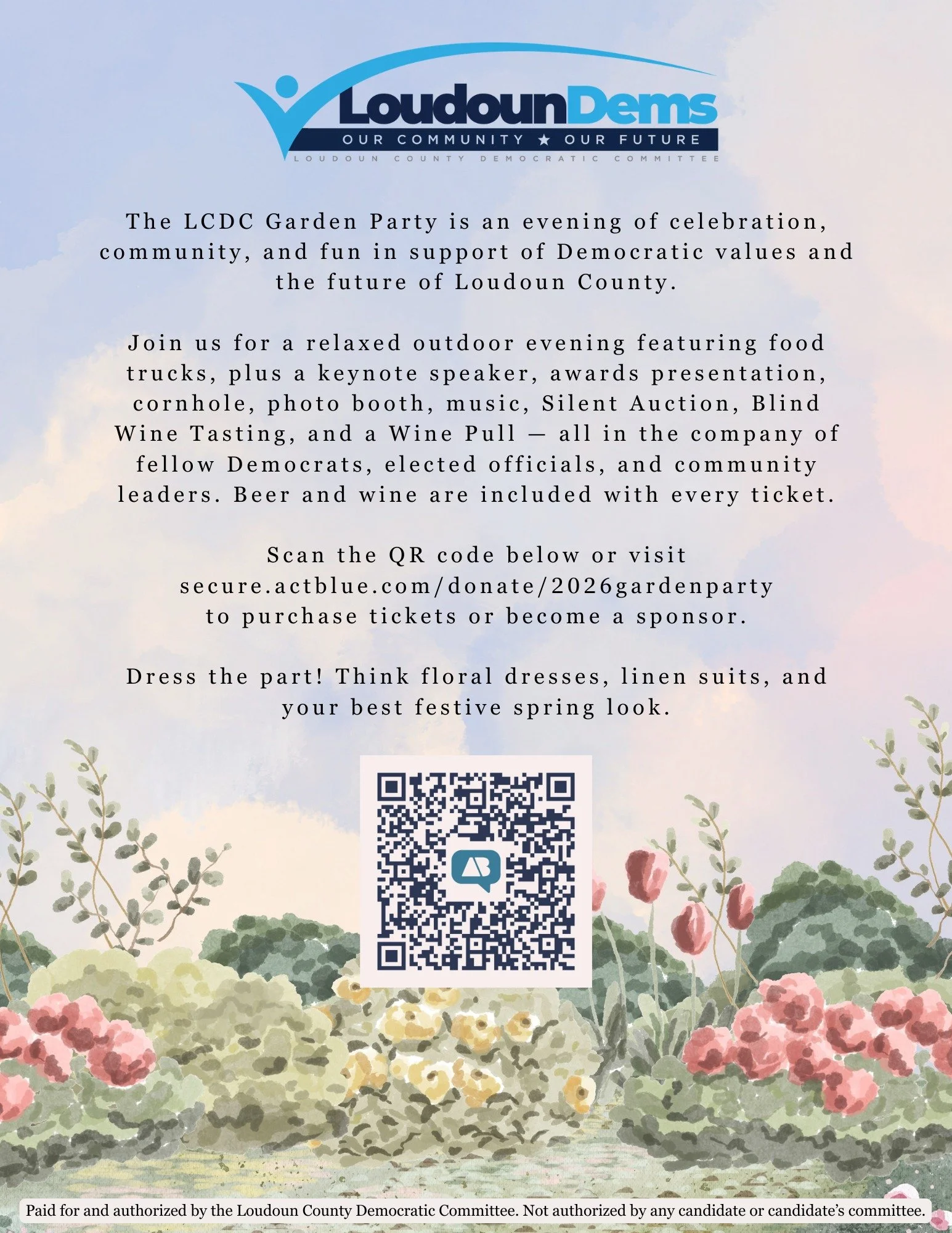 The LCDC Garden Party is an evening of celebration, community, and fun in support of Democratic values and the future of Loudoun County.

Join us for a relaxed outdoor evening featuring food trucks, plus a keynote speaker, awards presentation, cornho