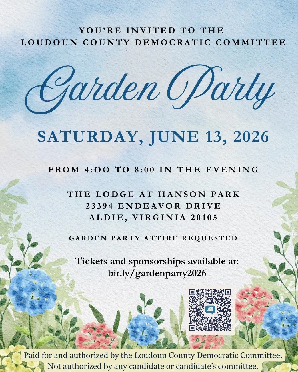 You&rsquo;re Invited to the LCDC Garden Party! 🥂

Looking for the perfect way to support the future of Loudoun County? Join us for an evening of celebration, community, and grassroots energy!

Whether you&rsquo;re here for the speakers, the thrill o