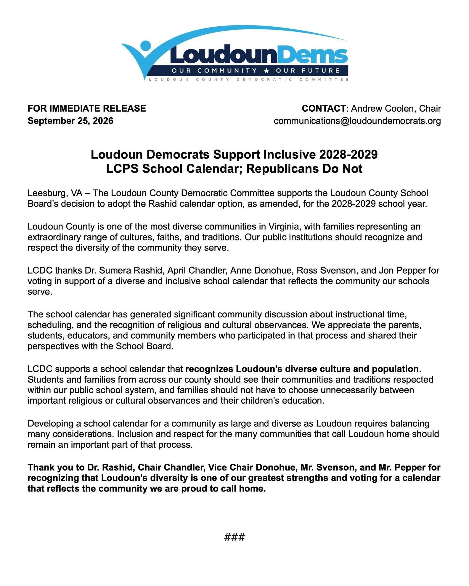 📢 𝗟𝗼𝘂𝗱𝗼𝘂𝗻 𝗗𝗲𝗺𝗼𝗰𝗿𝗮𝘁𝘀 𝘀𝘂𝗽𝗽𝗼𝗿𝘁 𝗮𝗻 𝗶𝗻𝗰𝗹𝘂𝘀𝗶𝘃𝗲 𝘀𝗰𝗵𝗼𝗼𝗹 𝗰𝗮𝗹𝗲𝗻𝗱𝗮𝗿 &ndash; 𝗥𝗲𝗽𝘂𝗯𝗹𝗶𝗰𝗮𝗻𝘀 𝗱𝗼 𝗻𝗼𝘁.

We're proud to stand with School Board members Dr. Sumera Rashid, Chair April Chandler, Vice Chair 