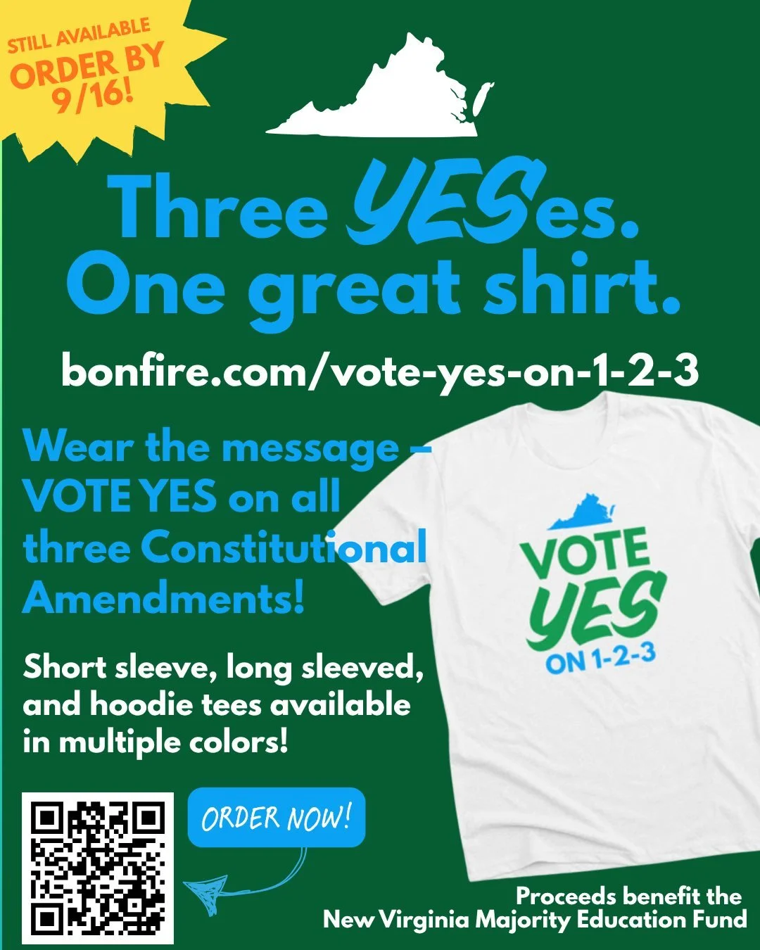Turns out it's not too late to order your 𝗩𝗢𝗧𝗘 𝗬𝗘𝗦 𝗼𝗻 𝟭-𝟮-𝟯 shirt! Wear this to hand out sample ballots or canvass, and help spread the word on passing the three Constitutional amendments so that Virginia can protect marriage equality, re