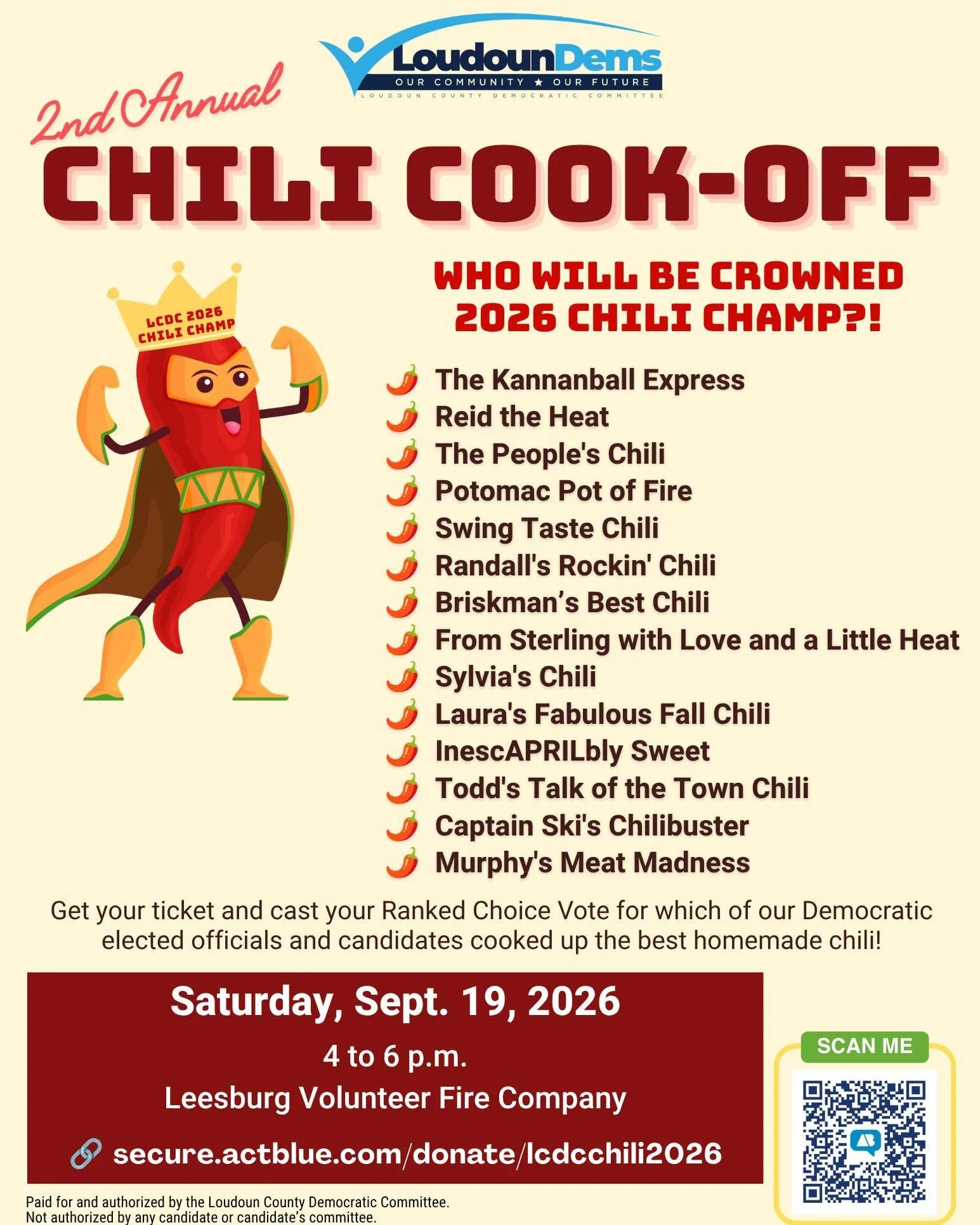 🌶️ 𝗪𝗵𝗼'𝘀 𝗴𝗼𝘁 𝘄𝗵𝗮𝘁 𝗶𝘁 𝘁𝗮𝗸𝗲𝘀 𝘁𝗼 𝗯𝗲 𝗟𝗖𝗗𝗖'𝘀 𝟮𝟬𝟮𝟲 𝗖𝗵𝗶𝗹𝗶 𝗖𝗵𝗮𝗺𝗽? Get your tickets and cast your Ranked Choice Votes for the tastiest chili in LoCo this Saturday from 4 to 6 p.m. at the Leesburg Volunteer Fire Compan