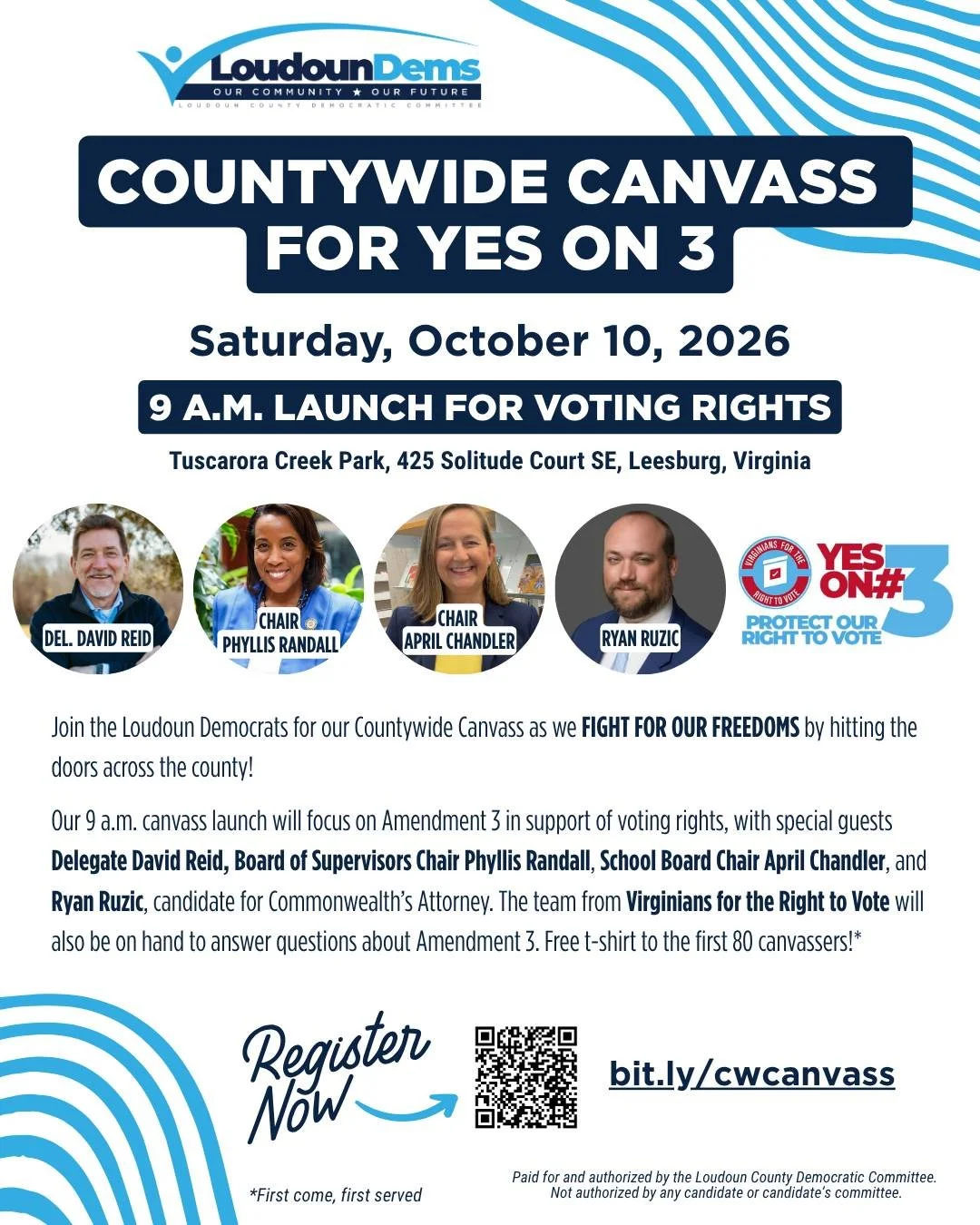 🗳️ 𝟵 𝗔.𝗠.: 𝗞𝗶𝗰𝗸𝗶𝗻𝗴 𝗼𝗳𝗳 𝗼𝘂𝗿 𝗖𝗼𝘂𝗻𝘁𝘆𝘄𝗶𝗱𝗲 𝗖𝗮𝗻𝘃𝗮𝘀𝘀 𝘄𝗶𝘁𝗵 𝗩𝗢𝗧𝗜𝗡𝗚 𝗥𝗜𝗚𝗛𝗧𝗦! 🗳️

Join us Saturday, October 10 at Tuscarora Creek Park as we launch our fight for 𝗬𝗘𝗦 𝗼𝗻 𝗔𝗺𝗲𝗻𝗱𝗺𝗲𝗻𝘁 𝟯 &ndash; because