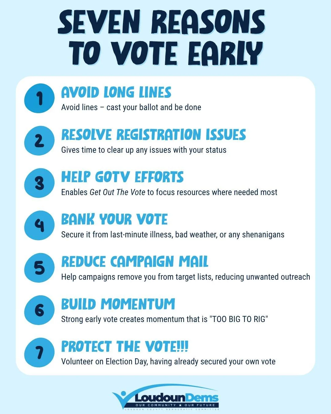 🗳️ 𝗦𝗲𝘃𝗲𝗻 𝗿𝗲𝗮𝘀𝗼𝗻𝘀 𝘁𝗼 𝘃𝗼𝘁𝗲 𝗲𝗮𝗿𝗹𝘆 (𝗮𝗻𝗱 𝗼𝗻𝗲 𝗯𝗶𝗴 𝗼𝗻𝗲: 𝗶𝘁'𝘀 𝗲𝗮𝘀𝘆!) 🗳️

Early voting is open now at the Leesburg Office of Elections, and four more sites open 𝗦𝘂𝗻𝗱𝗮𝘆, 𝗢𝗰𝘁. 𝟭𝟴. Still on the fence about v