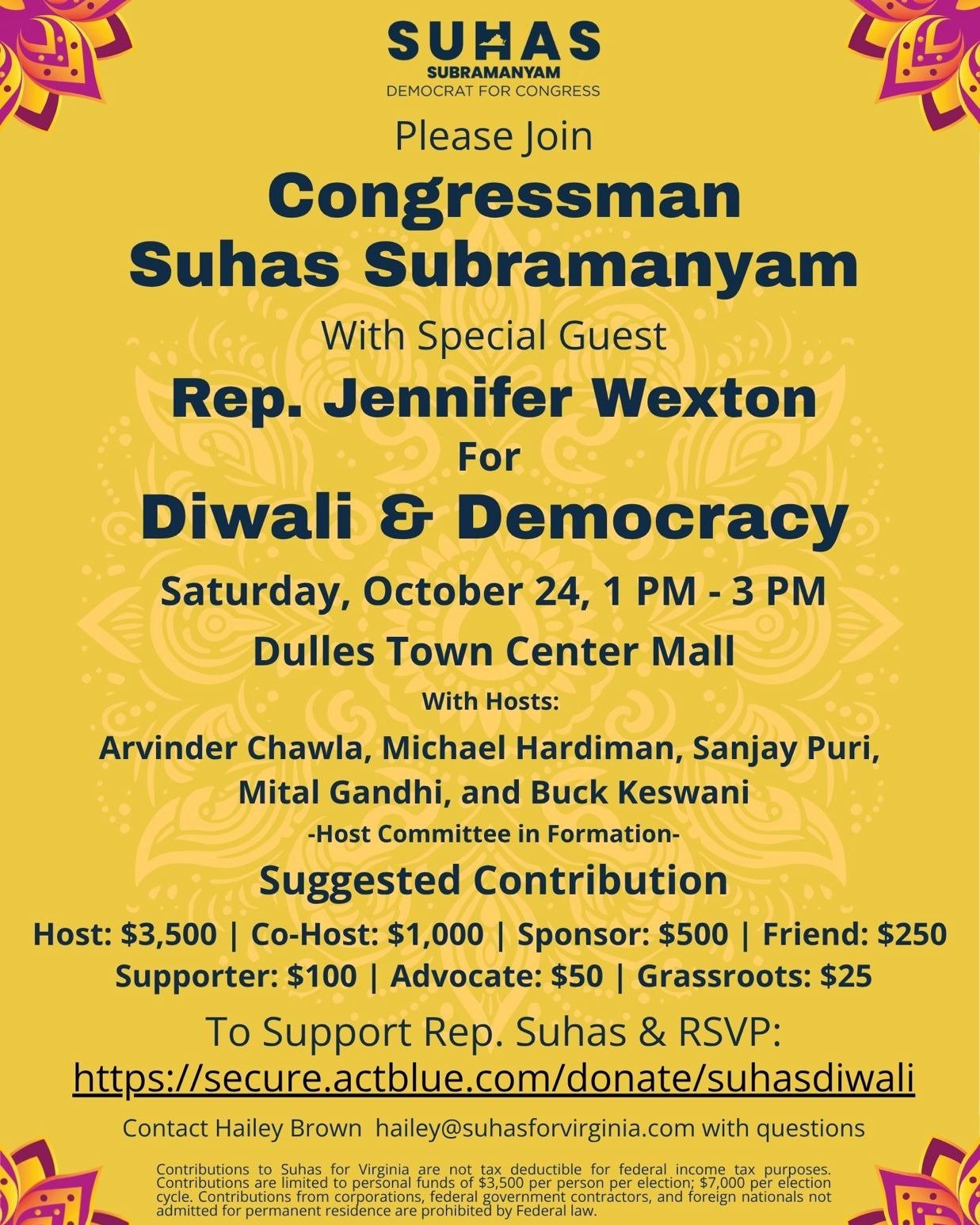 Happening this afternoon! Come celebrate Diwali &amp; Democracy with Rep. @suhasforva and Rep. @jenniferwexton at Dulles Town Center Mall!

If you're able, you can make a contribution at https://secure.actblue.com/donate/suhasdiwali, or just stop by.