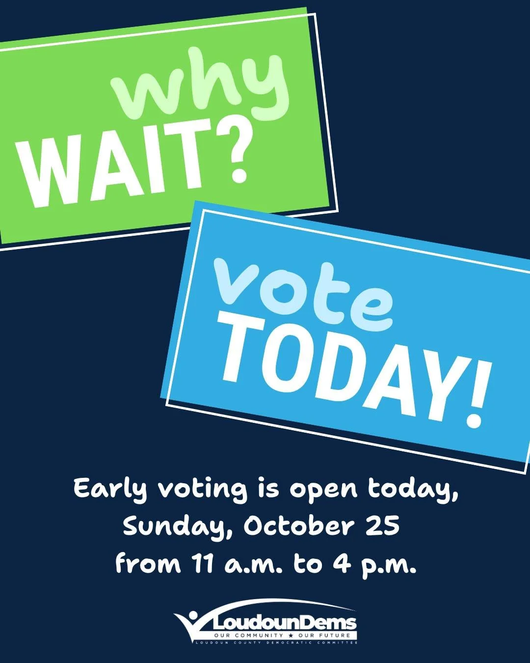 🗳️ 𝗪𝗵𝘆 𝘄𝗮𝗶𝘁? 𝗩𝗼𝘁𝗲 𝗧𝗢𝗗𝗔𝗬! 🗳️

It's Sunday, and early voting is open until 4 p.m. Skip the Election Day crowds, grab a friend, and make it your Sunday plan. 😉

You've got five options for voting early:
📍 Leesburg Office of Elections