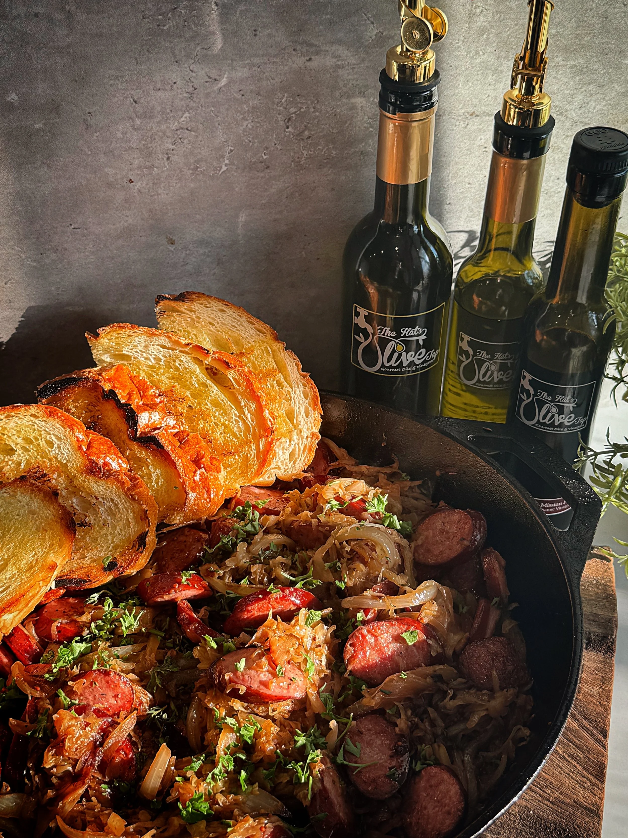 SMOKED SAUSAGE & BALSAMIC SAUERKRAUT SKILLET