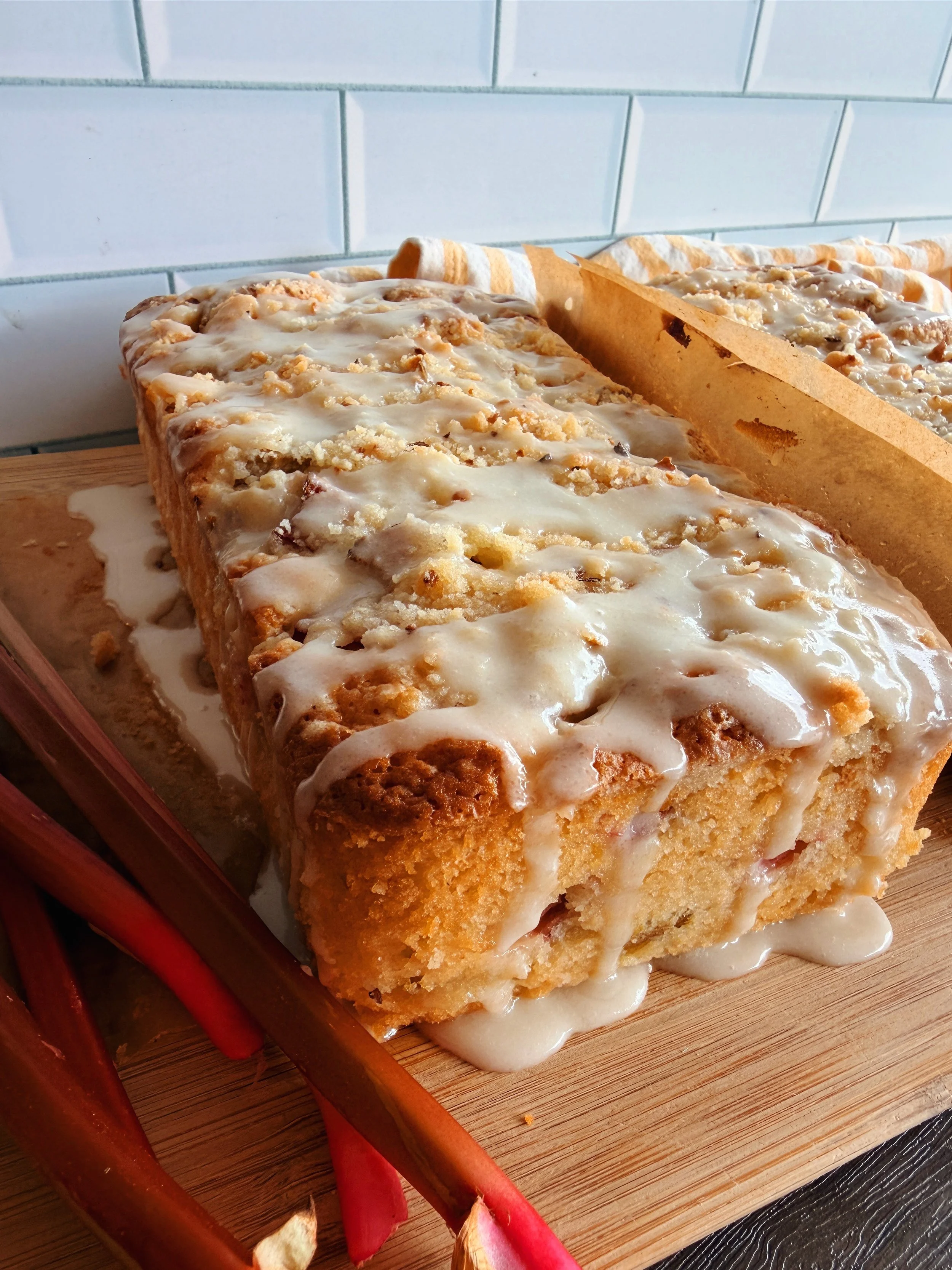 RHUBARB LEMON LOAF with Crumble & Lemon Glaze