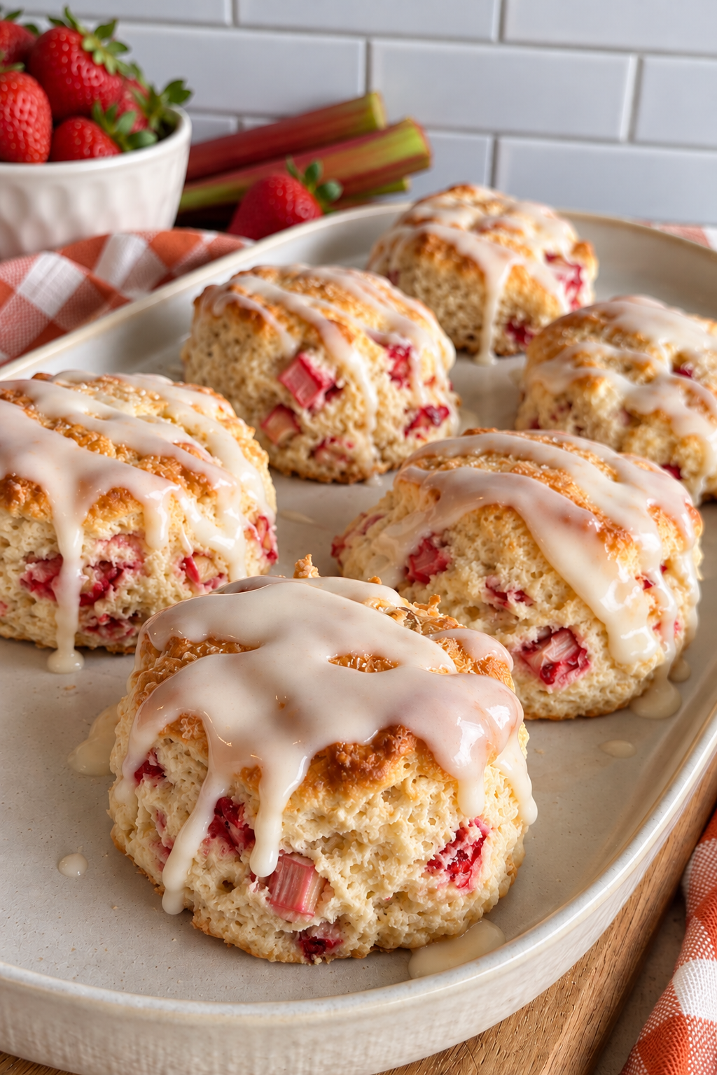 STRAWBERRY RHUBARB SCONES with Orange Vanilla Glaze