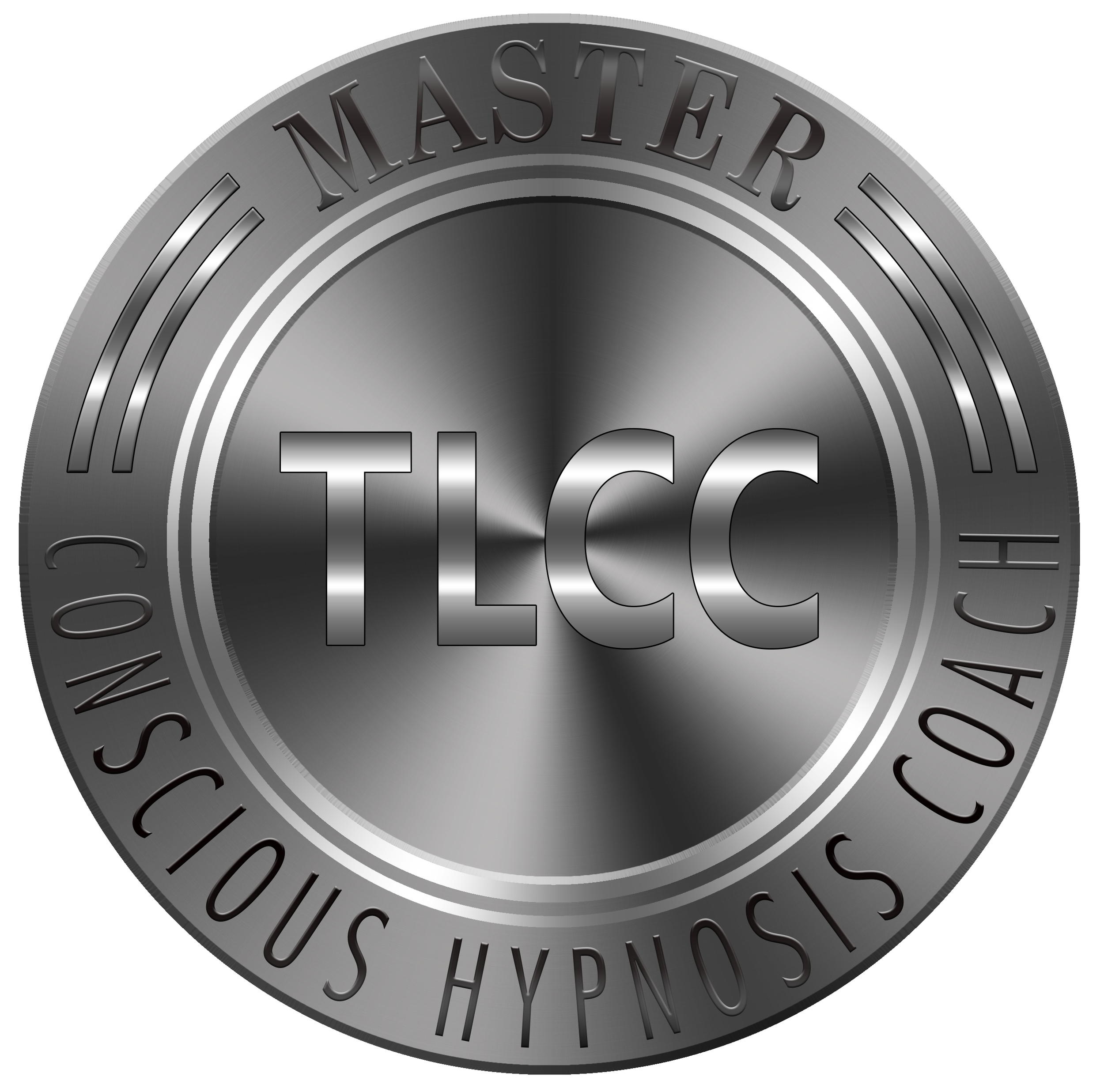 A metallic silver, circular badge with the words "MASTER" at the top, "CONSCIOUS HYPNOSIS COACH" at the bottom, and "TILCC" in the center.