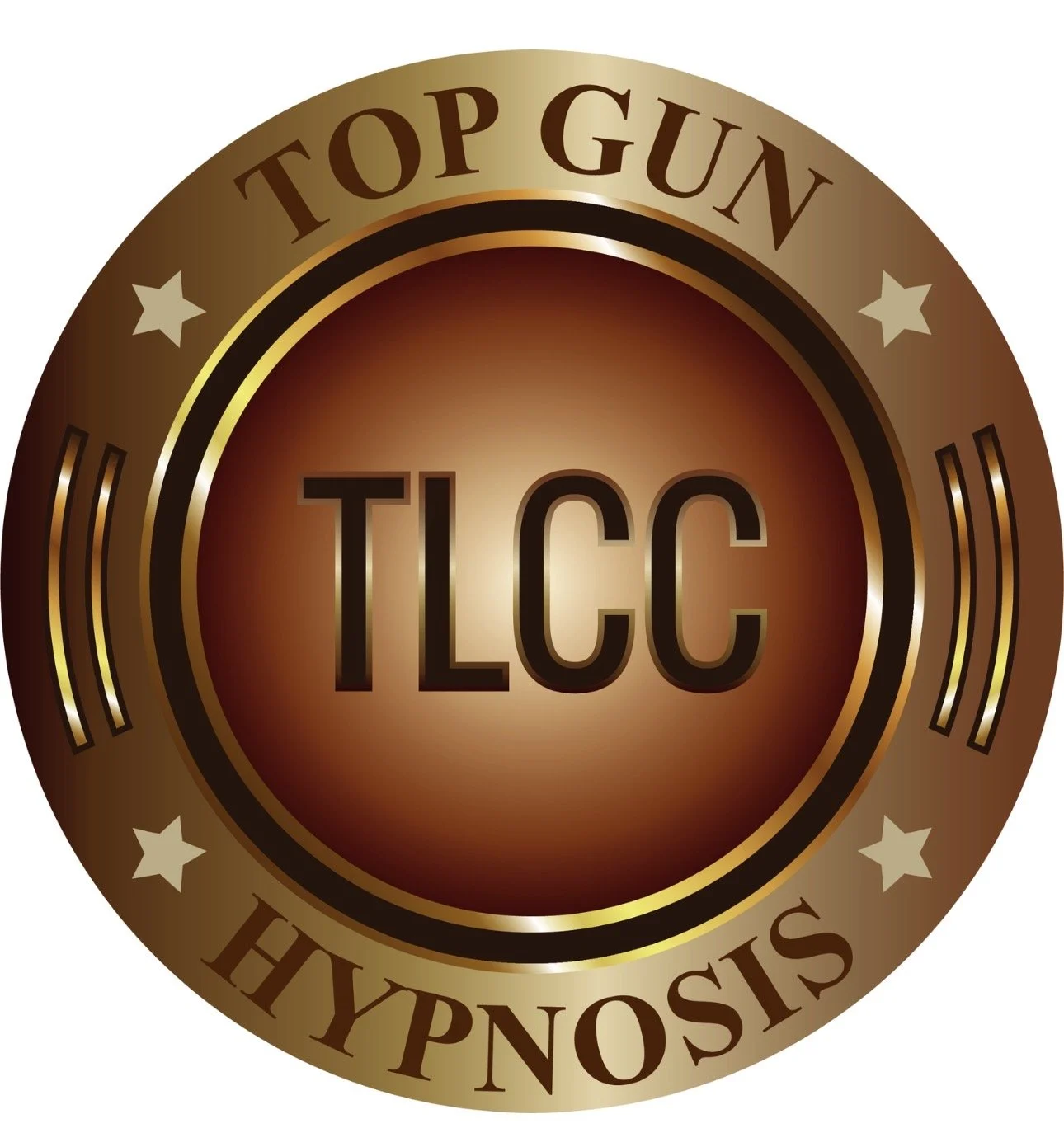 Gold and brown circular badge with the words "Top Gun Hypnosis" and the initials "TLCC" in the center.
