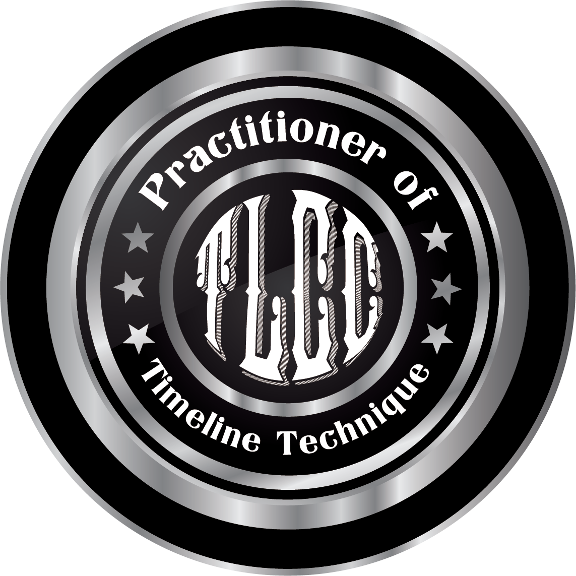 A circular logo with black, white, and silver colors. The text reads "Practitioner of Triline Technique" around the outer ring. The center features the initials "T.I.\