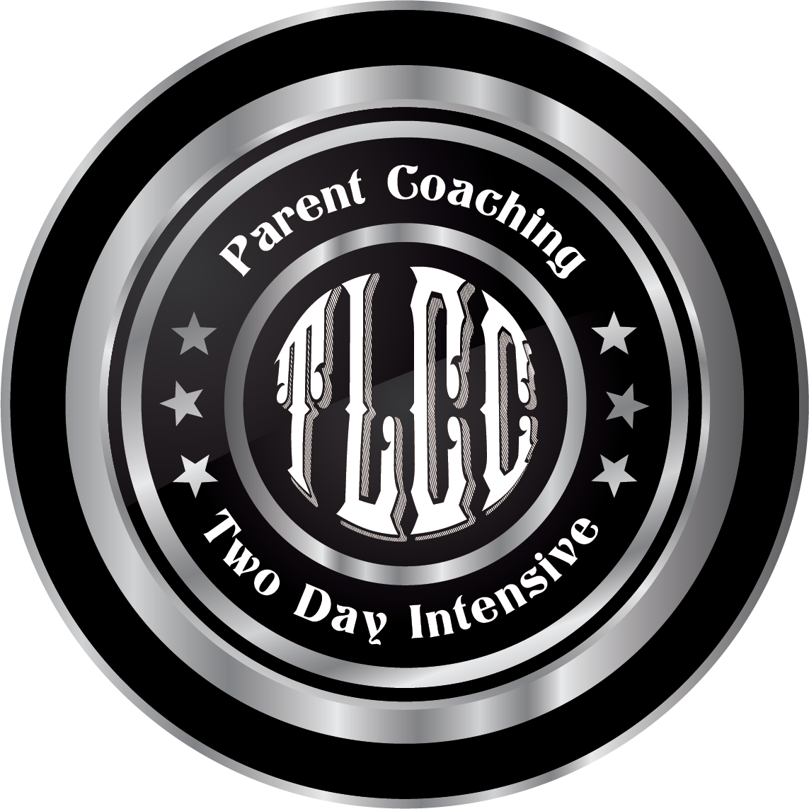 Close-up of a circular, black and silver emblem with the words "Parent Coaching Two Day Intensive" surrounding a stylized text reading "L.A.C."