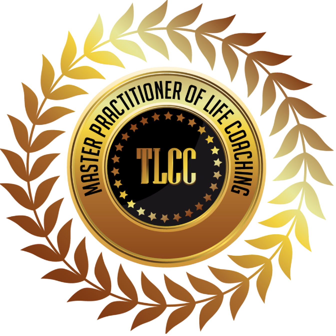 A gold and black circular badge with the text 'Master Practitioner of Life Coaching' around the outer edge, and 'TLCC' in the center surrounded by a circle of stars. Gold and brown laurel branches encircle the badge.
