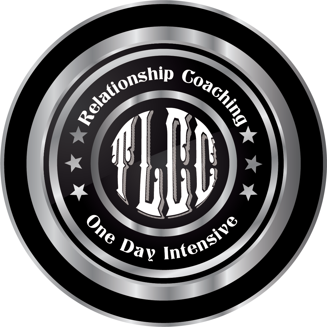 Logo for a one-day intensive relationship coaching program called Thrive, featuring black, silver, and white colors, with circular design and stars.