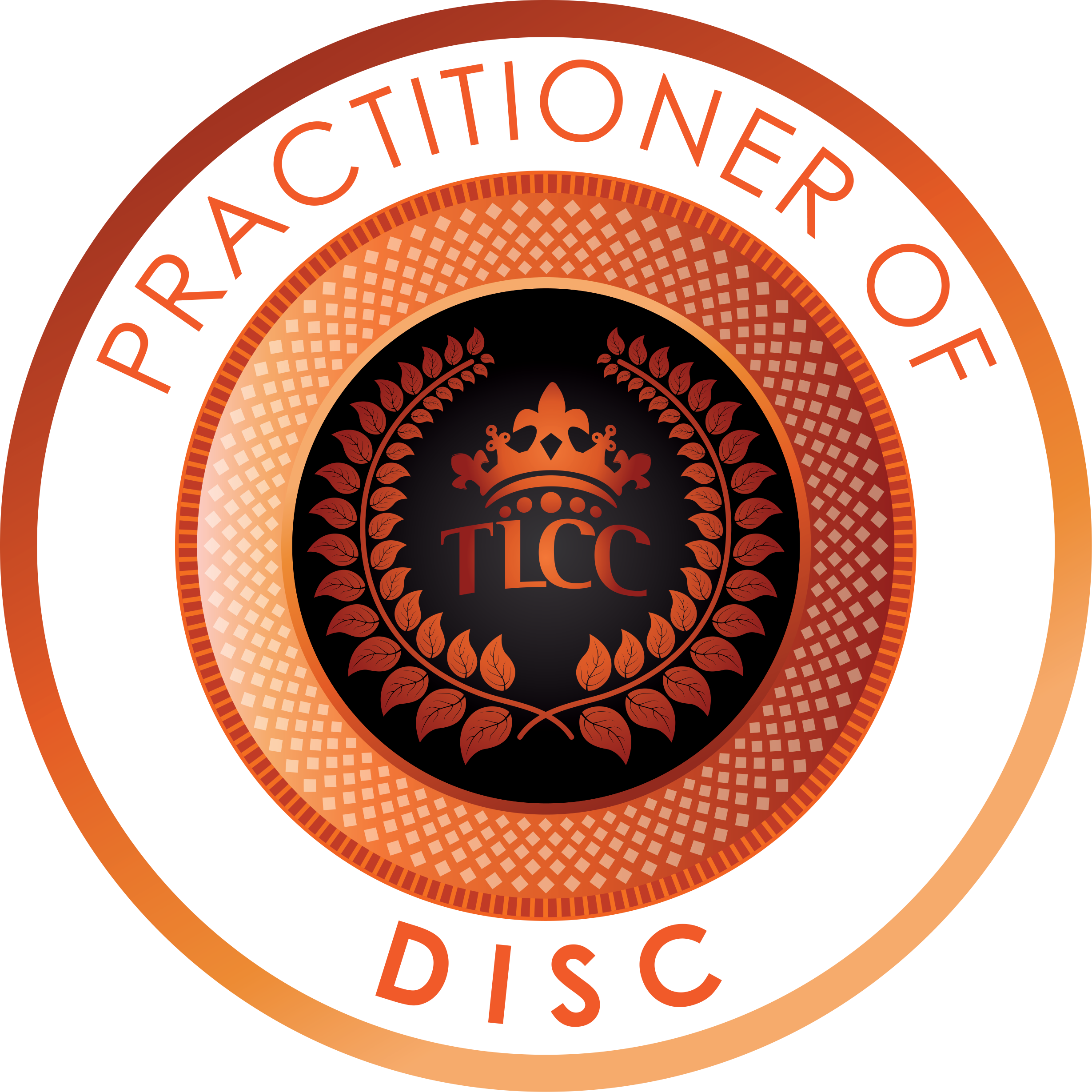A round logo with a black background, a crown, and the letters T.L.C.C in the center, surrounded by a laurel wreath, set against an orange, geometric patterned background.