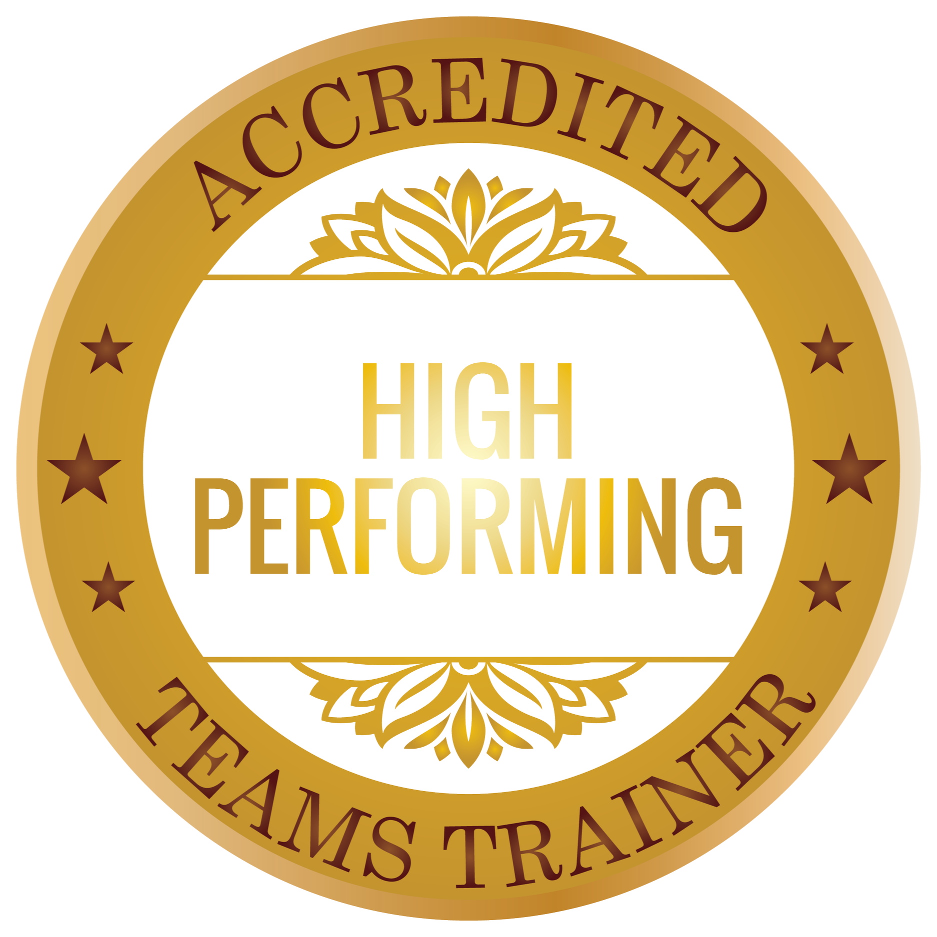 Gold circular badge with text saying "Accredited" at the top and "Team's Trainer" at the bottom, featuring stars and floral decorative elements, with the words "High Performing" in the center.