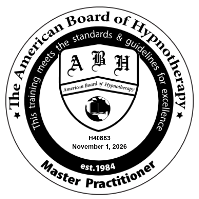 Seal of the American Board of Hypnotherapy featuring an open book with the initials A B H and the text "American Board of Hypnotherapy". Surrounding text reads "This training meets the standards & guidelines for excellence." The seal indicates a Master Practitioner certification, established in 1984, dated November 1, 2026, with a small icon of a book beneath.