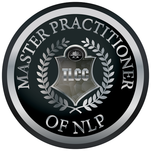 A circular emblem for the Master Practitioner of NLP, featuring a black, white, and gray color scheme with a shield at the center and laurel leaves surrounding it. The text includes 'Master Practitioner of NLP' around the edges and 'TLCC' inside the shield.