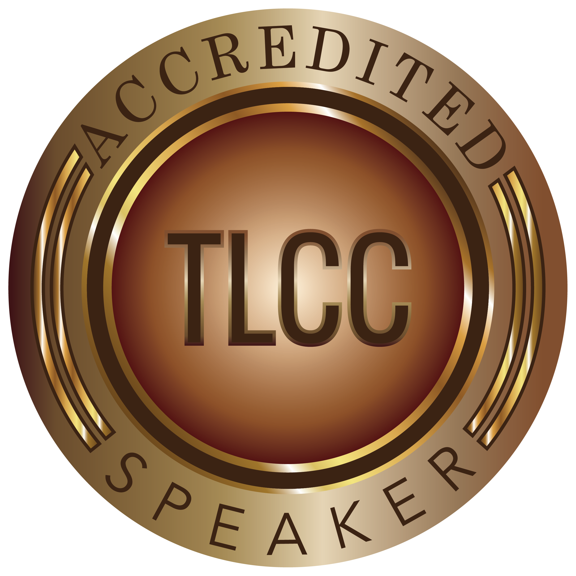 A circular badge with a gold border, featuring the words 'AAA CREDITED SPEAKER' around the top and bottom, and the acronym 'TLCC' in the center.