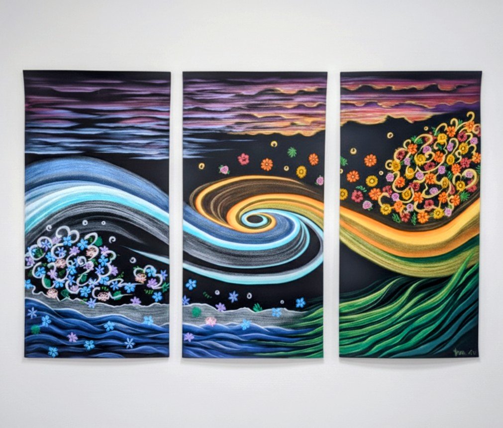 Flowers Offering「献花」
 
 
 地染め帆布 / アクリルガッシュ
 183x 95cm
 2026
 