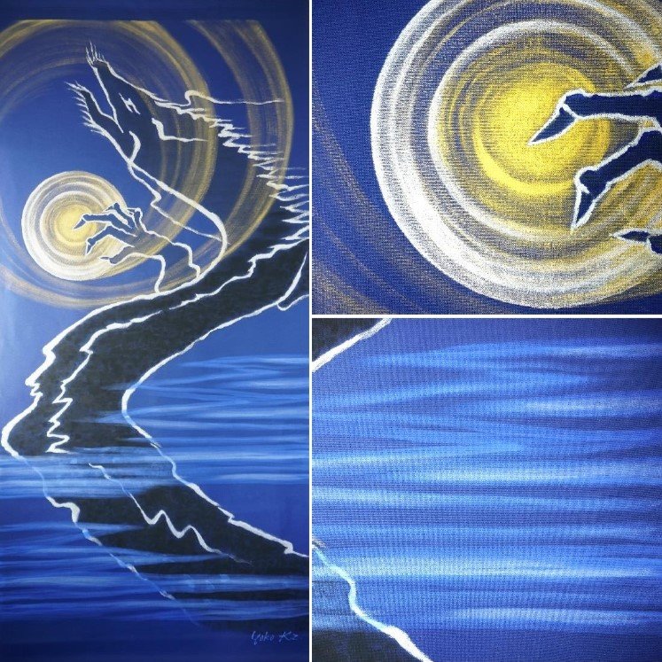 Get the Moon
 
 
 dyed canvas/acrylic gouache
 37.4x 78.7inches
 2025
 