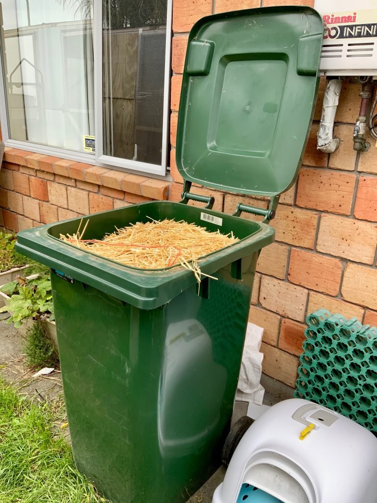 Wheelie bins work well as well. This one is being used to store Barley Straw at Westley's World. I don't place these in the sun which reduces the chance of the hay sweating. 