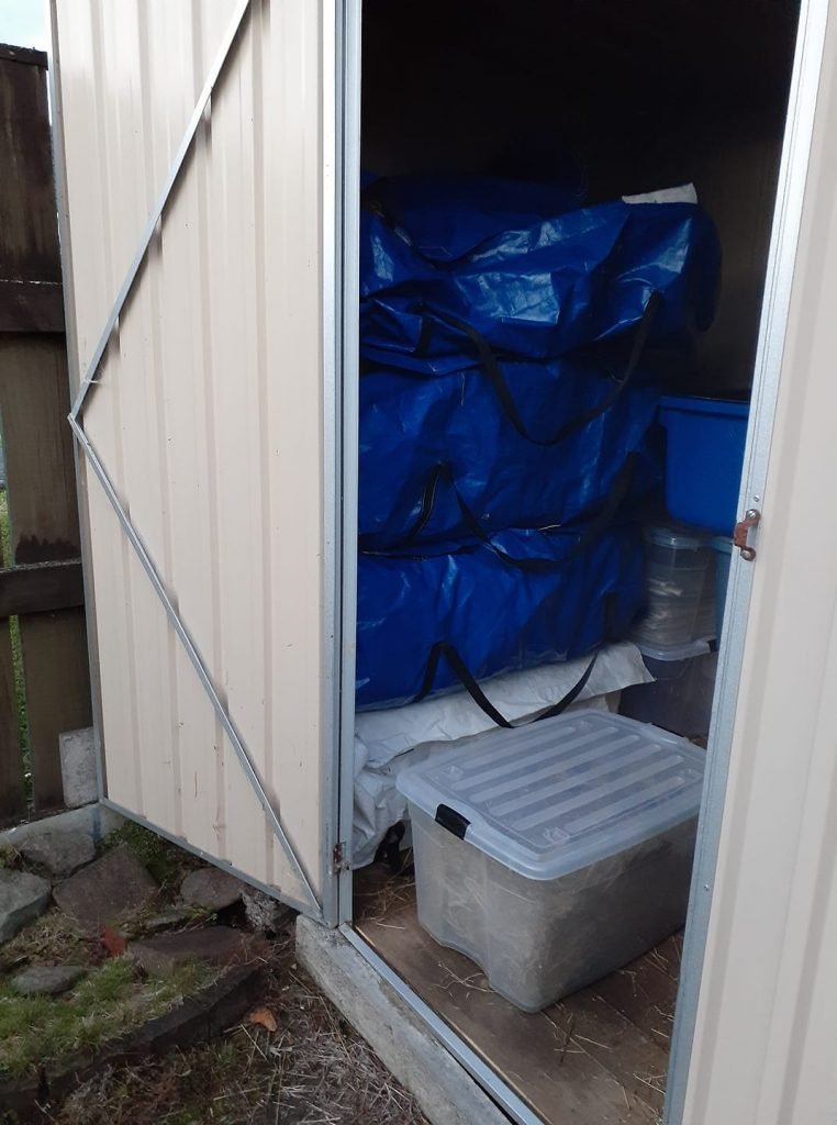 "Store in hay bags in purpose built garden shed in bunny patio area. Have small amount inside stored in plastic wheeled bin" - Sharon Hamilton 