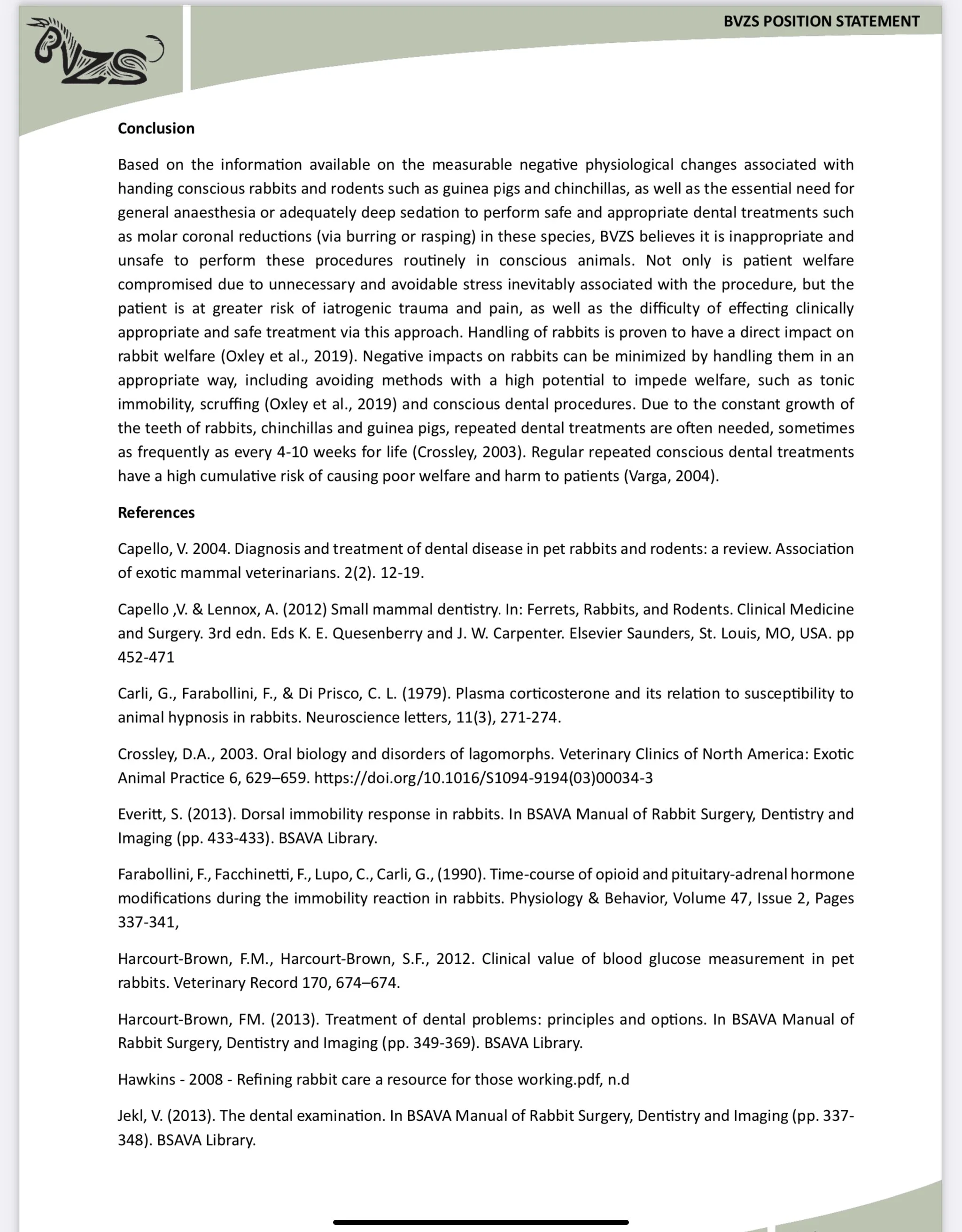 BVZS position statement on the use of anaesthesia in Rabbit, Guinea Pig