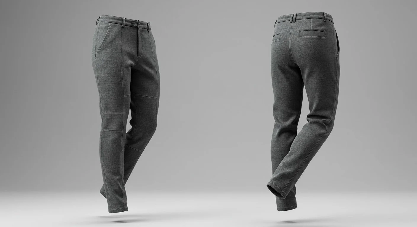 A stylish, modern pair of pants with a tailored fit, intricate stitching, and textured fabric details. 3D-rendered with realistic lighting to highlight folds, seams, and material texture.