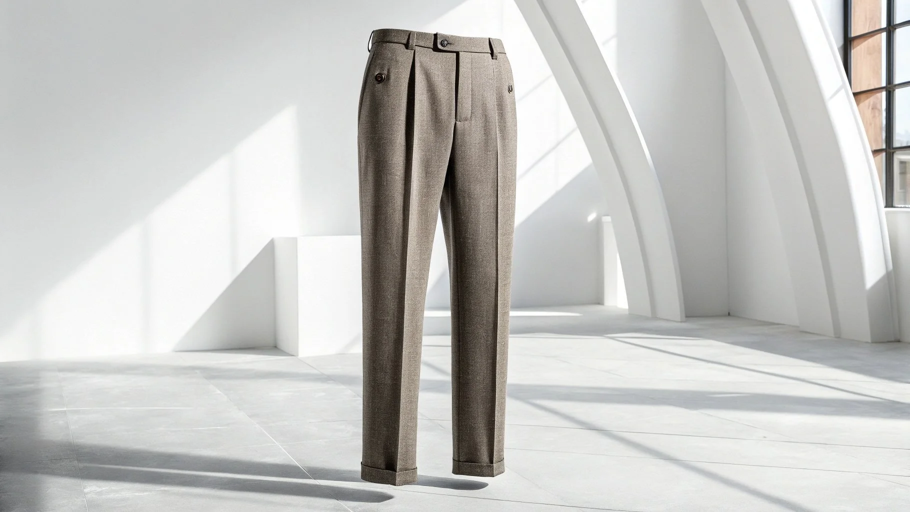A pair of beige dress pants hanging on a white display stand in a bright, modern room with white walls and large windows. CLO3D animation and render studio.