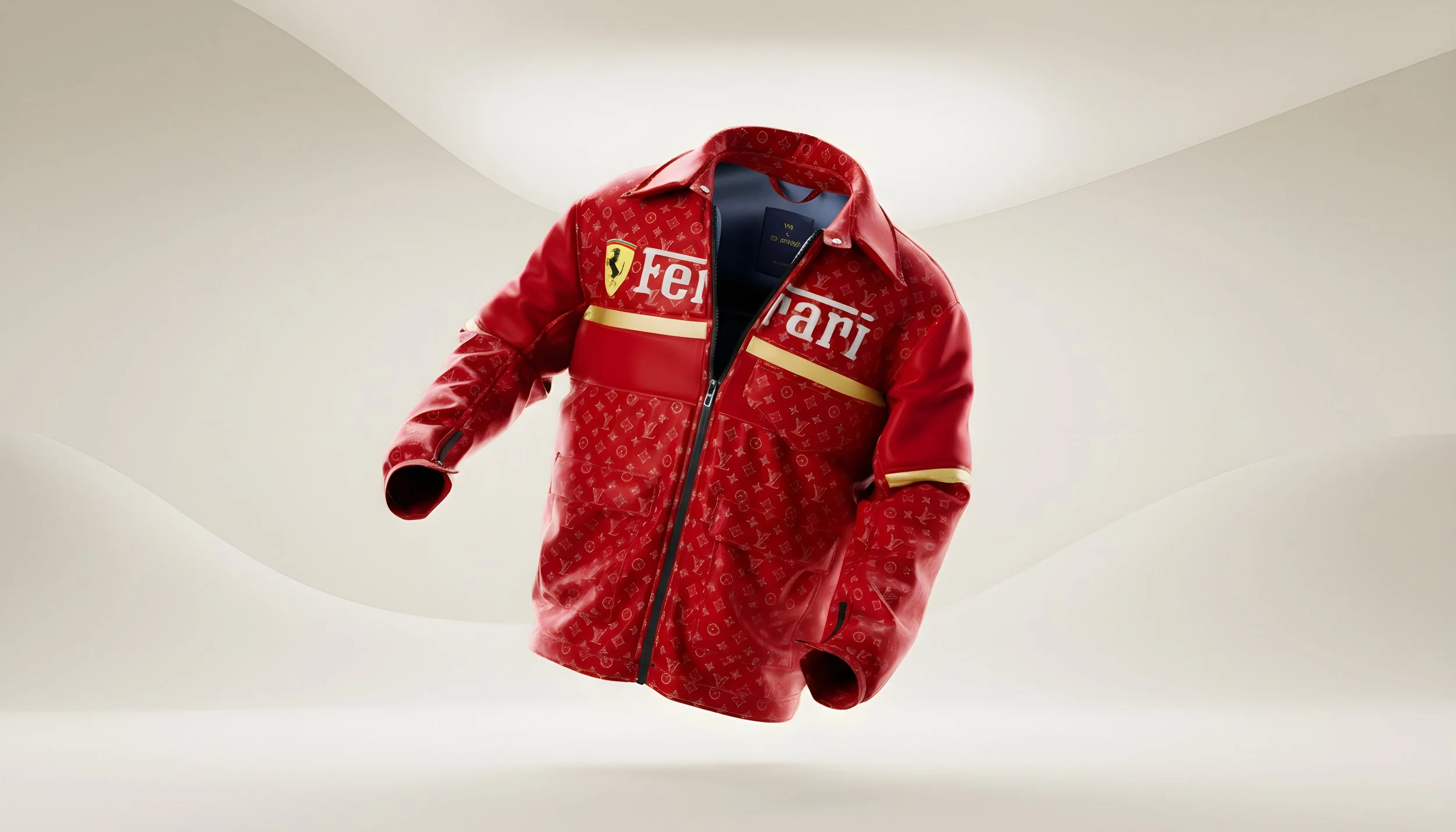 CLO3D render of red Ferrari-branded jacket with logo and design details, suspended in mid-air against a plain background in 3D.