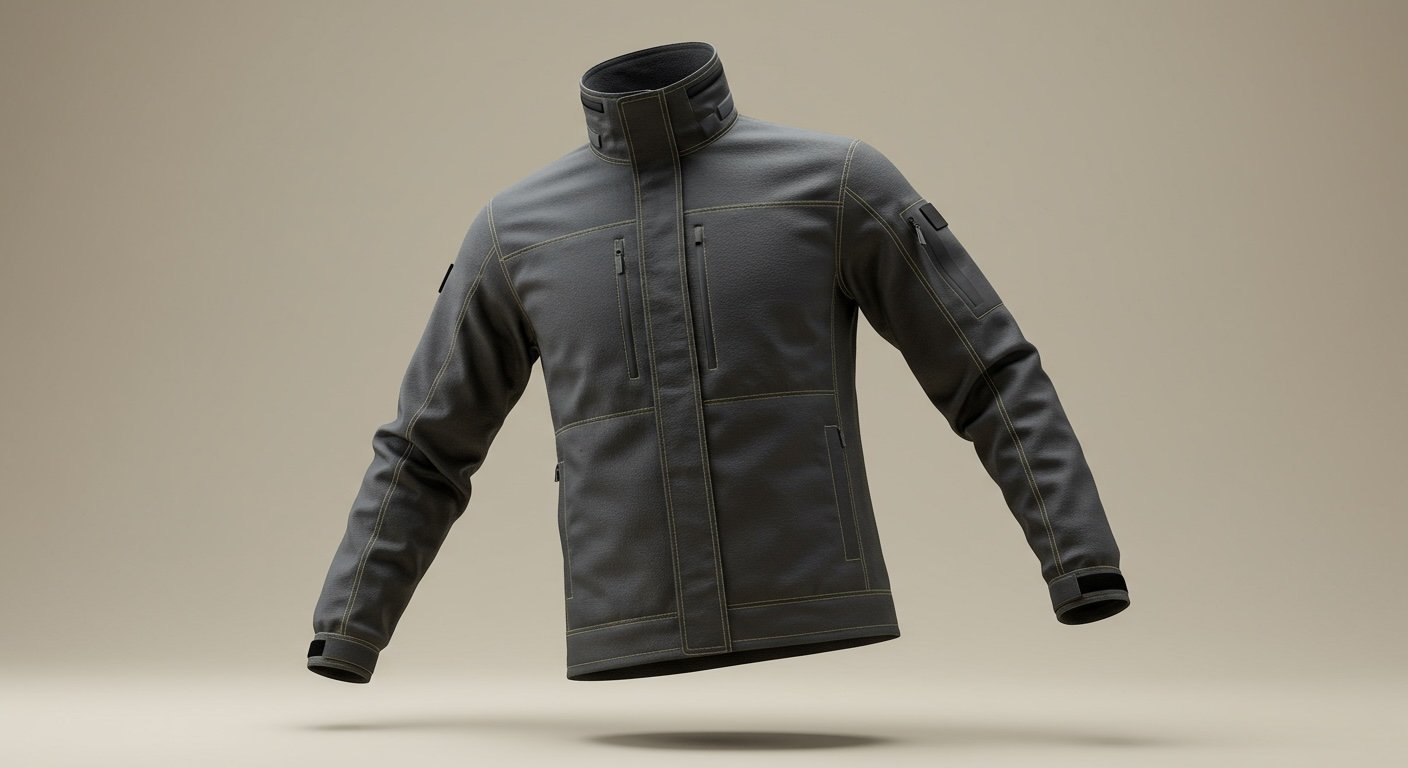 Photorealistic 3D clothing render of a high-performance technical jacket, showcasing detailed stitching, fabric texture, and panel construction on a clean studio background