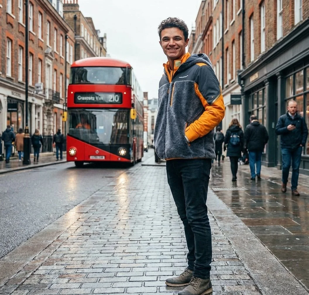 clo3d render of lando norris standing in london wearing mclaren jacket design