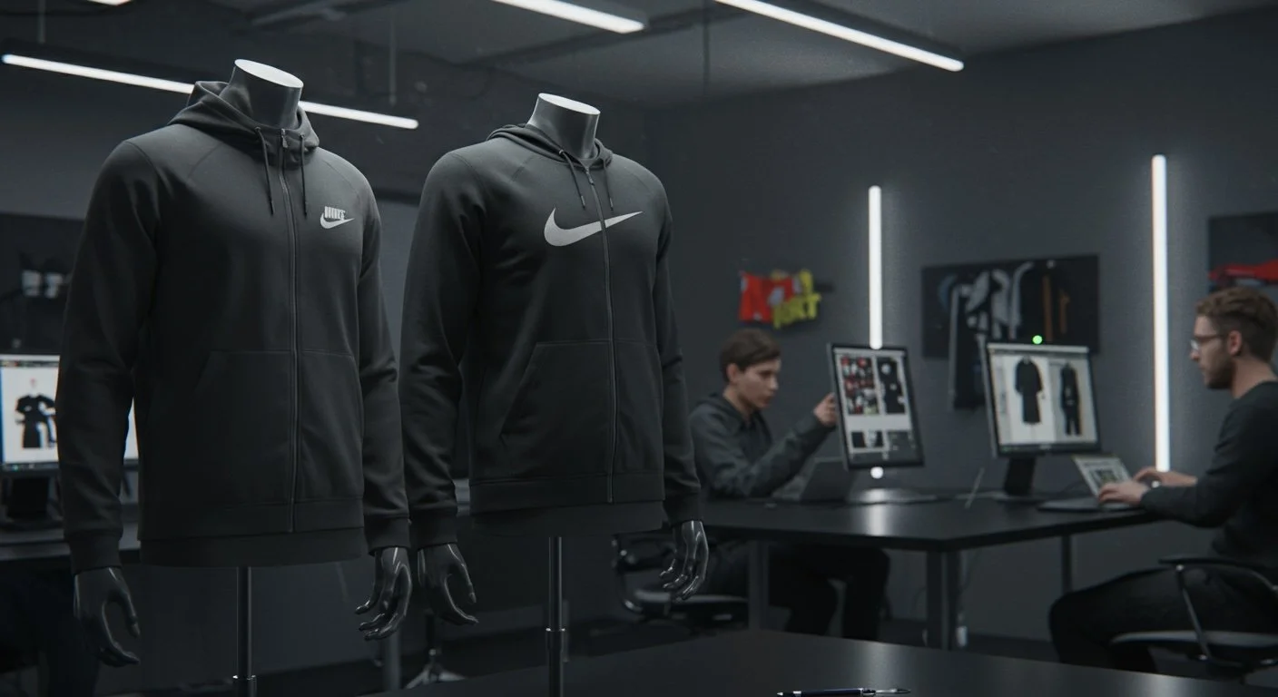 Ultra-realistic 3D clothing renders displayed on virtual mannequins in a modern studio, with designers reviewing the digital garments on sleek monitors, showcasing detailed textures, folds, and fabrics, with a subtle Nike logo visible.