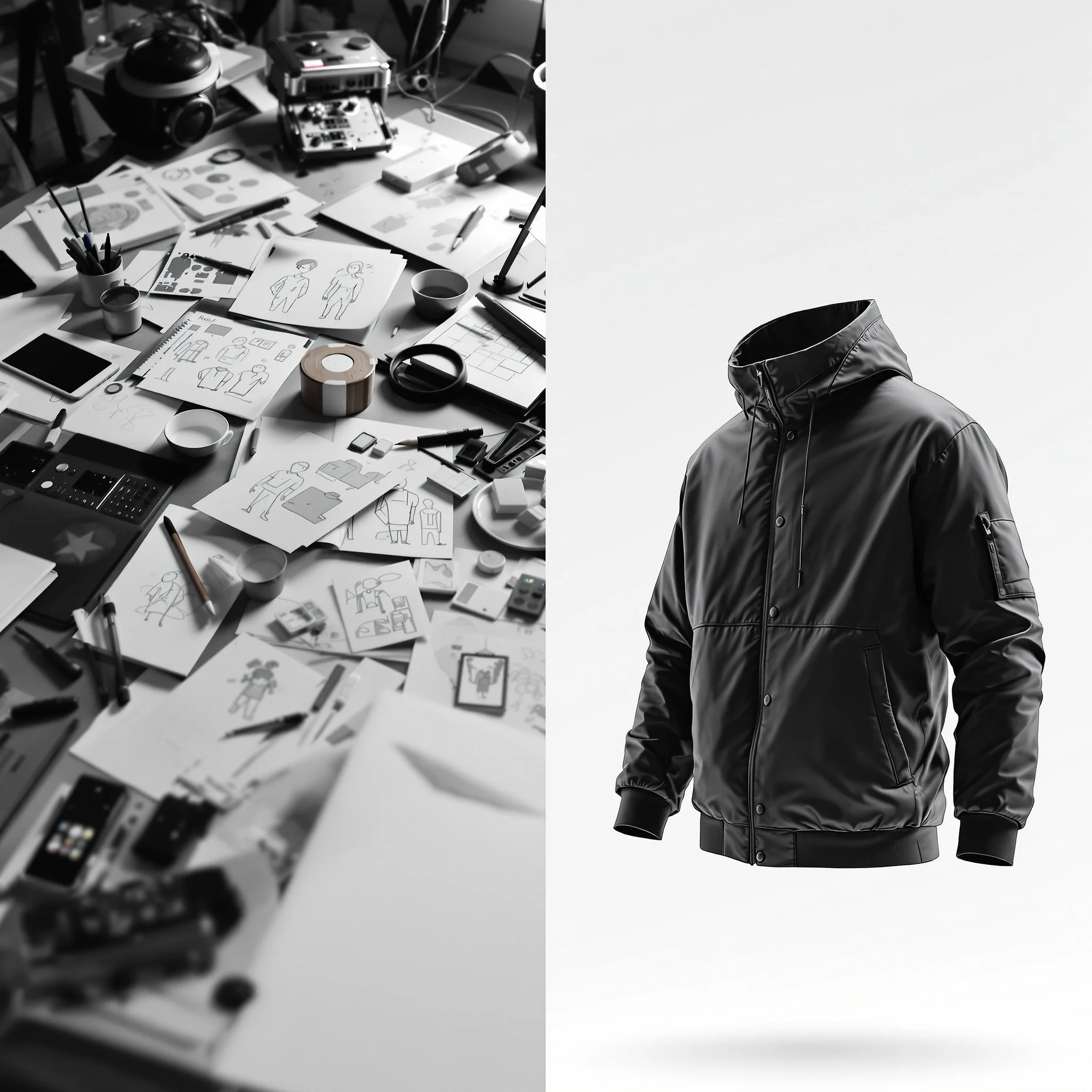A split image showing a messy designer workspace with sketches, tools, and gadgets on the left, and a black leather jacket on a white background on the right showing the importance of 3d clothing renders