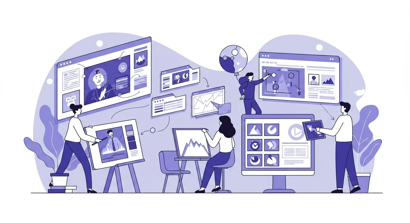 Illustration showing a creative team producing a large, high-impact 2D animated film for a major software campaign.